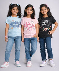 Girls Printed Casual Round Neck T-shirt (Pack of 3 Pieces)