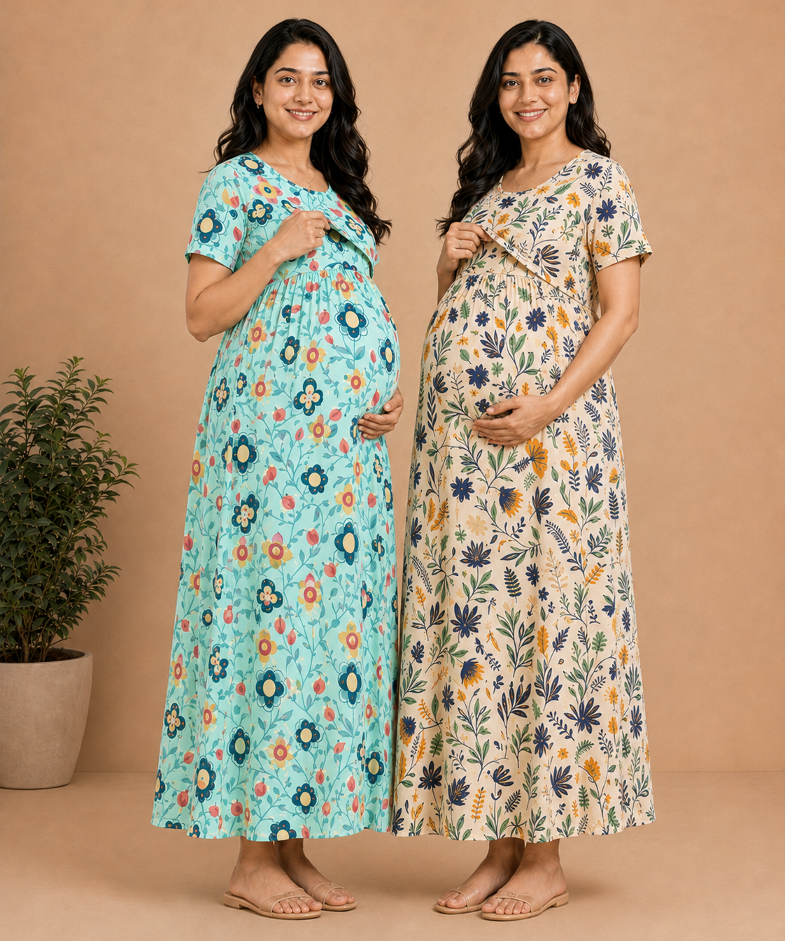 Maternity Feeding Maxi Dress | Nursing Friendly Nighty Style (Pack of 2 Pieces)