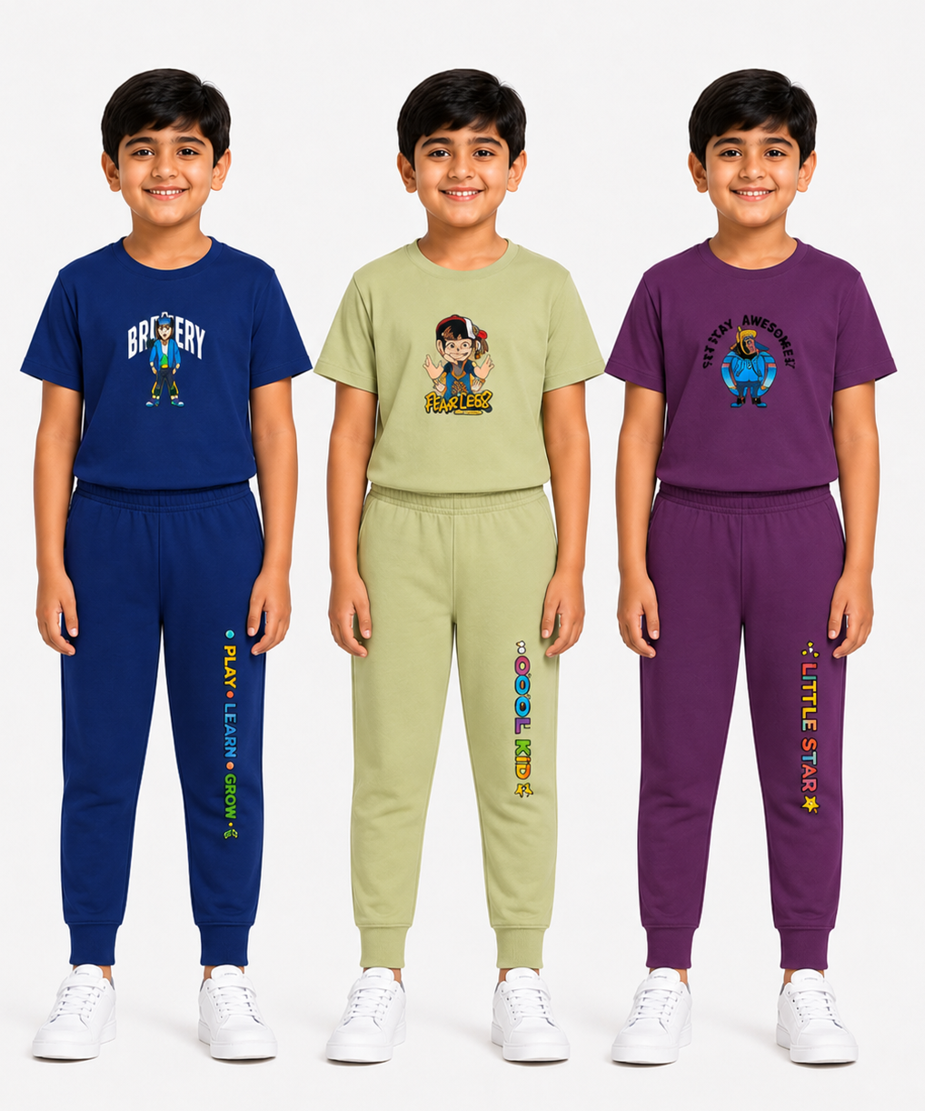 Boys Graphic Printed T-Shirt & Typography Track Pant Co-Ord Set | Age 2-5 Years | Pack Of 3 Set
