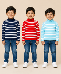 Kids Boys Full Sleeve Hi-Neck Stripes Rib T-shirt | Age 9 to 24 Months | Pack of 3 Pieces
