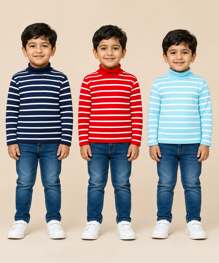 Kids Boys Full Sleeve Hi-Neck Stripes Rib T-shirt | Age 9 to 24 Months | Pack of 3 Pieces