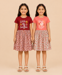 Girls Printed Half Sleeve Cotton Contrast Frock Dress | Floral Knee Length Casual Wear for Kids | Age - 5 to 10 Years | (Pack of 2)