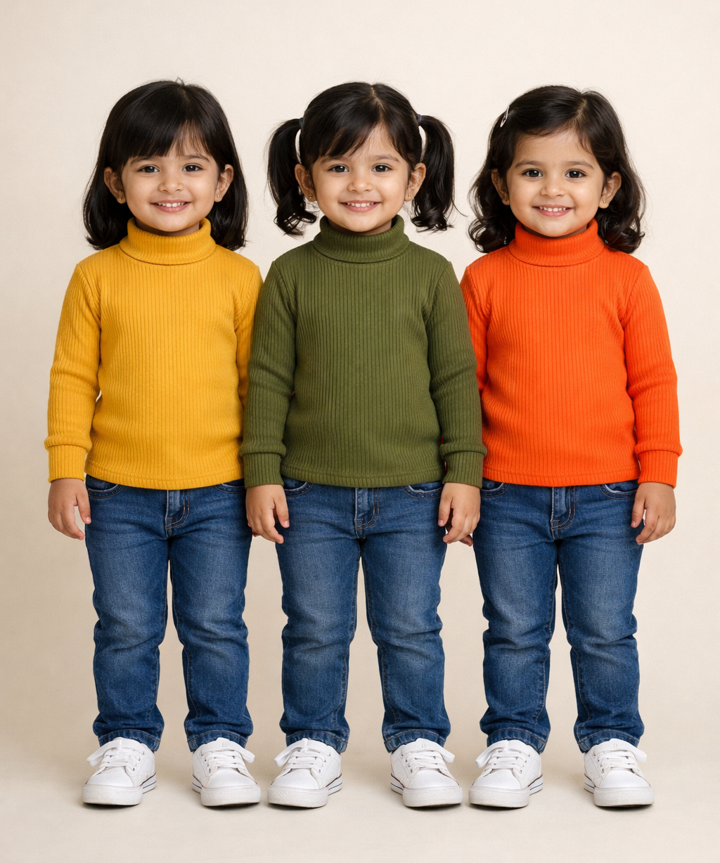 Kids Girls Full Sleeve Hi-Neck Plain Rib T-shirt | Age 0 to 5 Years (Pack of 3)