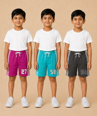 Kids Double Side Stripe Sports Shorts | Cotton Casual Shorts for Boys | Age 6-9 Years | Pack Of 3 Pieces Combo