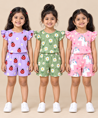 Girls All Over Printed | Flutter Sleeve Tshirt and Shorts Co-ord Set | Age 0 to 3 Years (Pack of 3 Sets)
