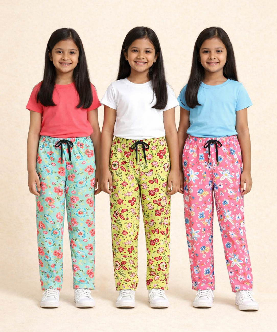 Girls Cotton Printed Track Pants (Pack of 3) | Nightwear & Casual | 6–9 Years