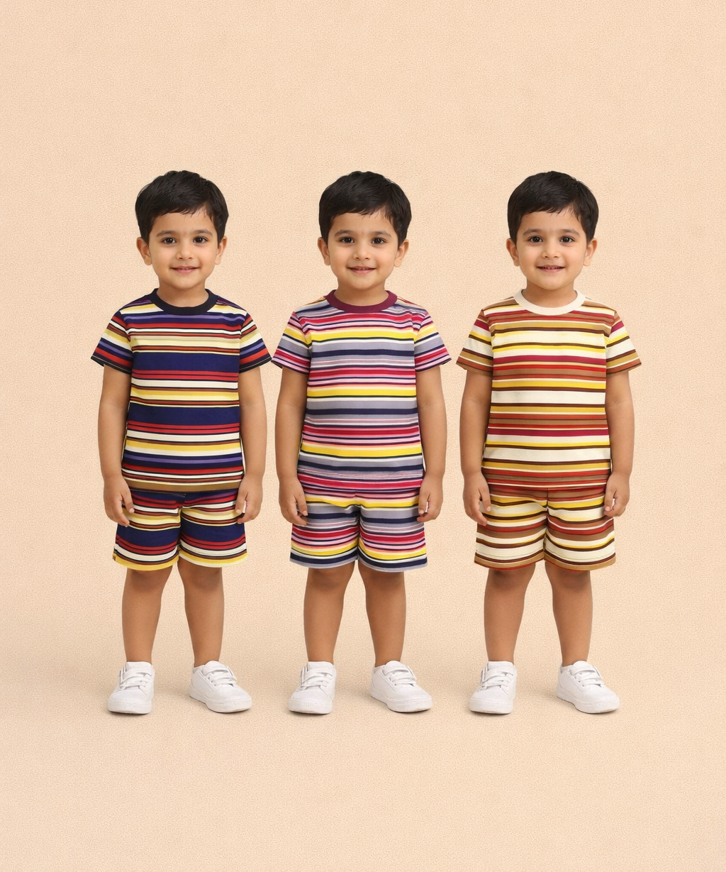 Boys Cotton Stripes Kids Co-ord Set Combo / Age 1-4 Years | T-shirt & Shorts (Combo Set Pack of 3)