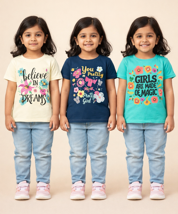 Kids 100% Cotton Fine Tshirt With Printed Multi Colour | Age 6 Months to 6 Years (Pack of 3 Pieces)