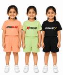 Kids Typography Print T-Shirt & Shorts Co-Ord Set for Girls | Age 6 Months-3 Years | Pack Of 3 Set Combo