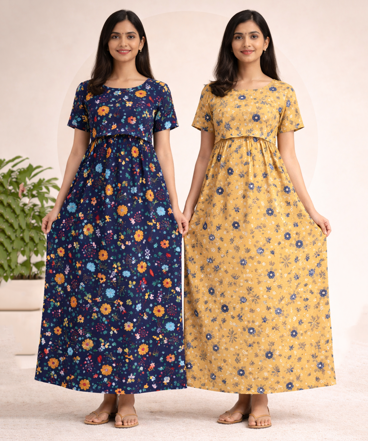 Maternity Feeding Maxi Dress | Nursing Friendly Nighty Style (Pack of 2 Pieces)