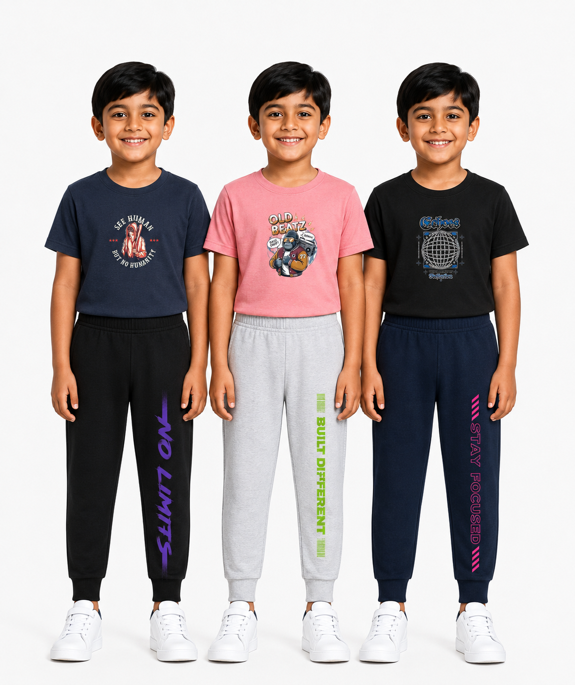 Boys Graphic Printed T-Shirt & Typography Track Pant Co-Ord Set | Age 2-5 Years | Pack Of 3 Set
