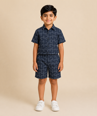 Polyester Geometric Jacquard Texture Shirt and Shorts Set for Boy Kids Casual Wear Half Sleeve Co-Ord Set with Elastic Waist Shorts | Age 6 to 7 Years