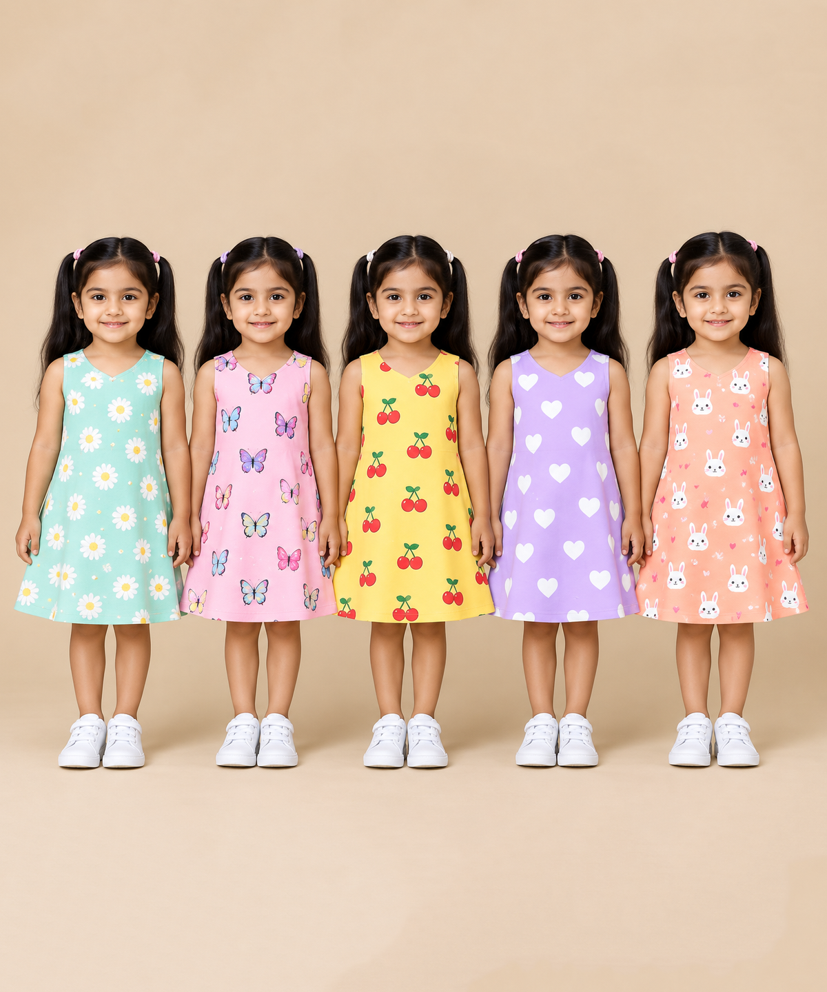 Girls 100% Cotton All Over Printed 2 To 5 Years Gown Dress/Frock Dress (Pack of 5)