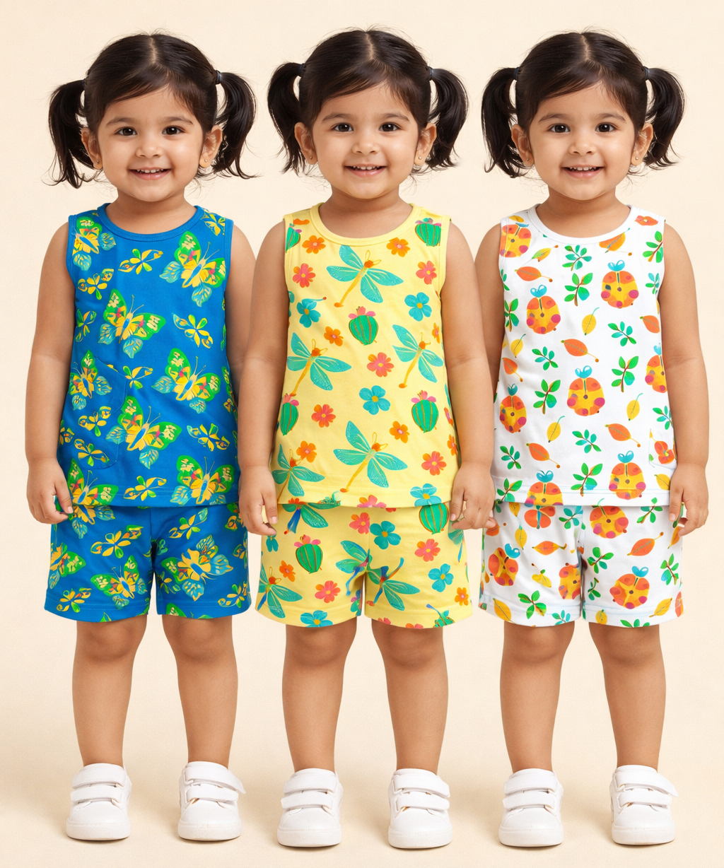 Girls Cotton Cartoon Printed Kids Sleeveless Set Combo | Age 0 to 3 Years | Sleeveless T-shirt & Shorts Co-ord Set (Pack of 3 Sets)