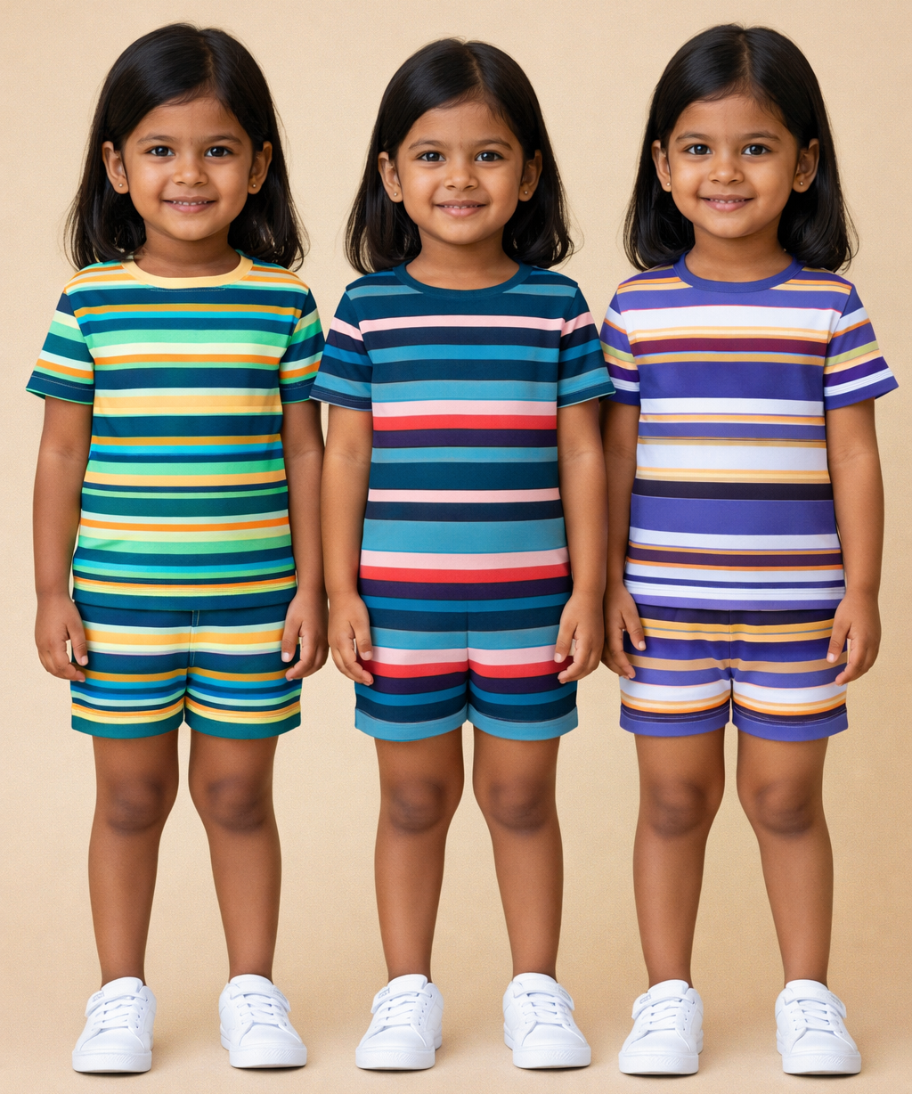 Girls Cotton Stripes Kids Co-ord Set Combo / Age 1-4 Years | T-shirt & Shorts (Combo Set Pack of 3)
