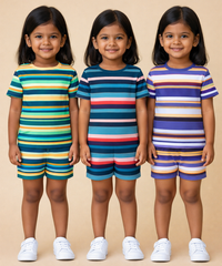 Girls Cotton Stripes Kids Co-ord Set Combo / Age 1-4 Years | T-shirt & Shorts (Combo Set Pack of 3)