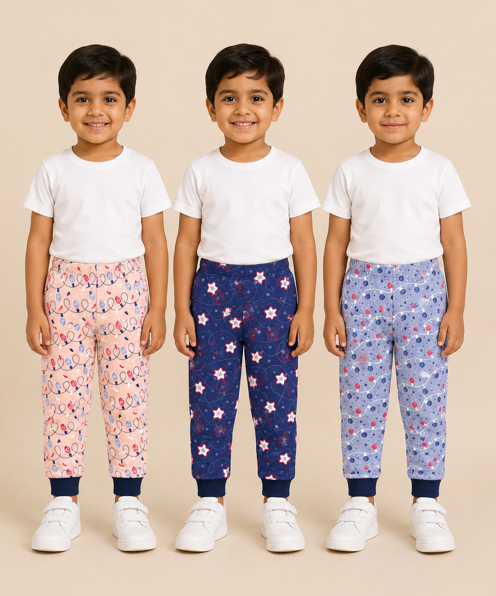 Kids Printed Cotton Track Pants for Boys | Soft Elastic Waist Full Length Joggers | Age 6 Months-5 Years | Pack of 3 Pieces