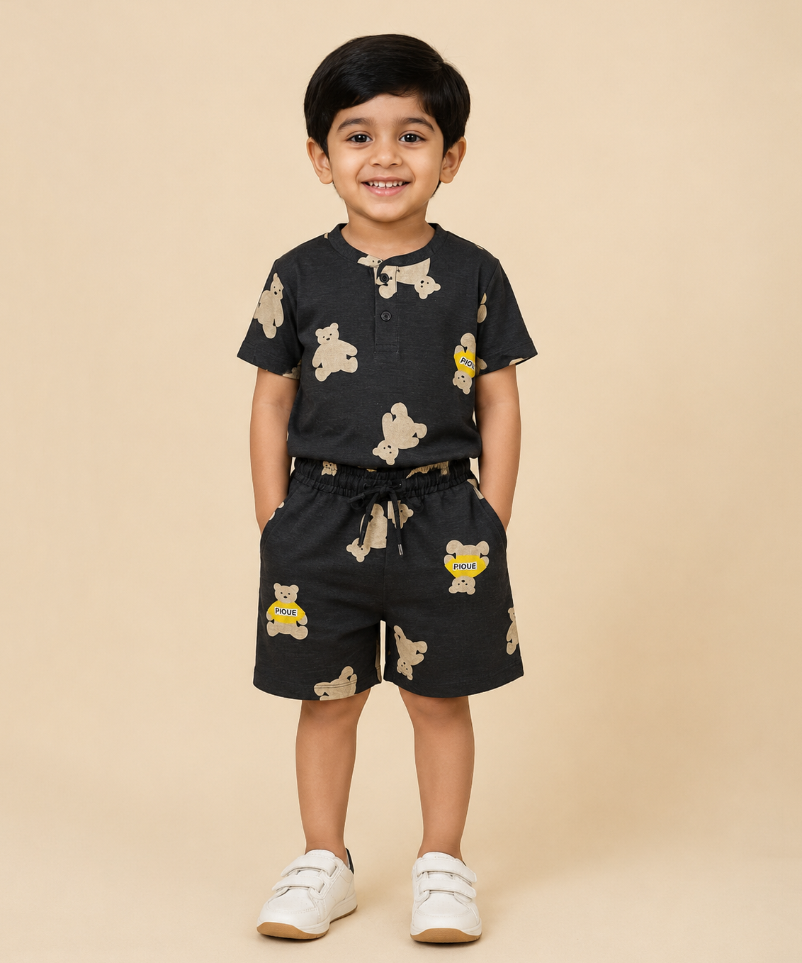 Polyester Teddy Bear Printed T-Shirt & Shorts Set for Baby Boys Casual Wear |  Black Co-Ord Set with Elastic Waist Shorts for Kids | Age 1 to 10 Years