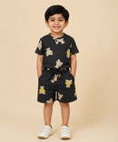 Polyester Teddy Bear Printed T-Shirt & Shorts Set for Baby Boys Casual Wear |  Black Co-Ord Set with Elastic Waist Shorts for Kids | Age 1 to 10 Years