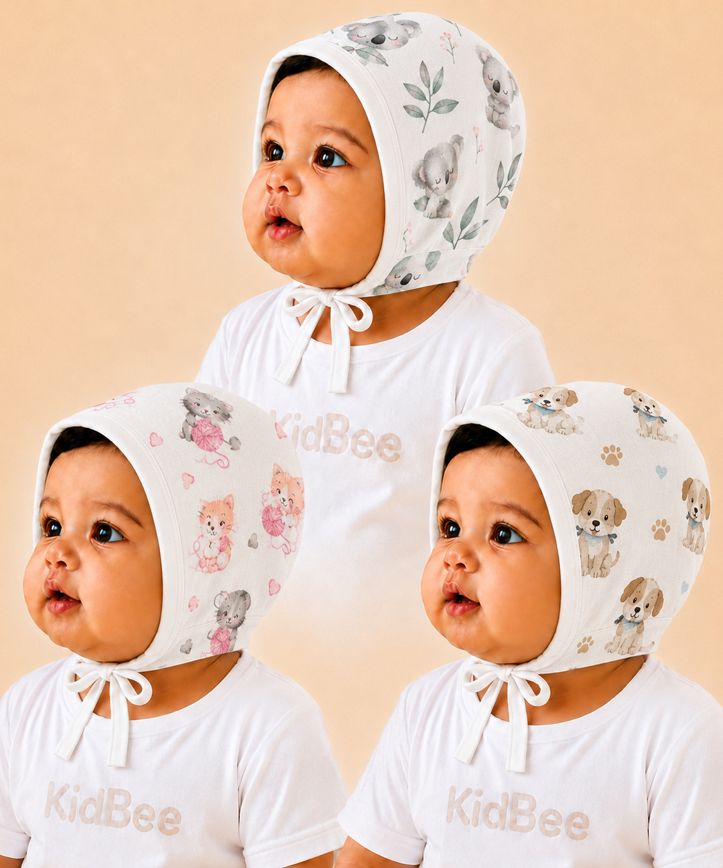 Baby Muslin Cotton Printed Bonnet Cap with Chin Tie – Soft & Comfortable Infant Headwear | 0–12 Months (Pack of 3)