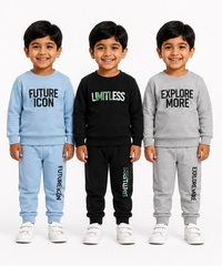 Boys Full Sleeve Cotton Winter Co-Ord Set | Typography Chest Printed Sweatshirt & Jogger Track Pant | Age 1 to 4 Years (Pack of 3 Sets)