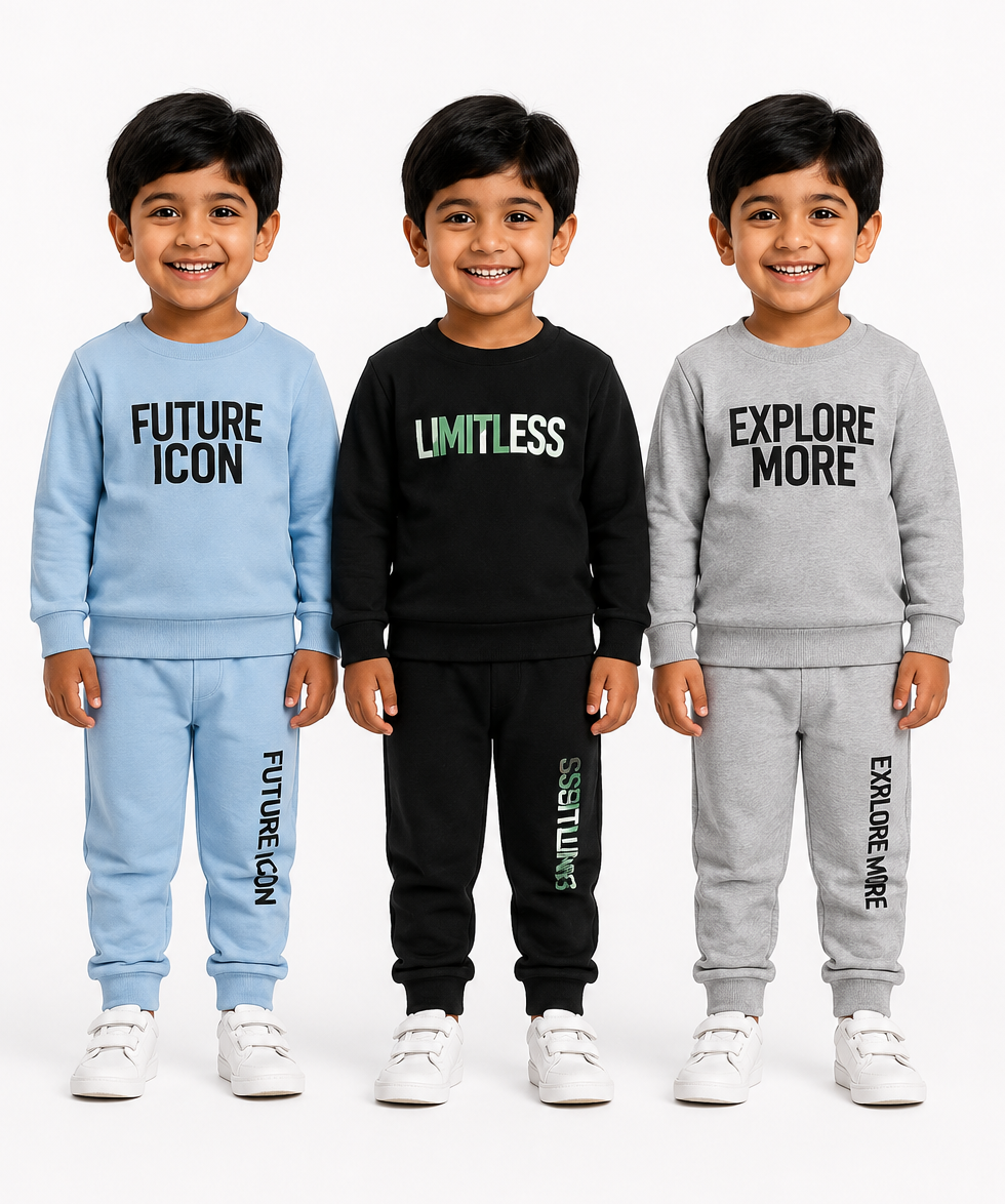 Boys Full Sleeve Cotton Winter Co-Ord Set | Typography Chest Printed Sweatshirt & Jogger Track Pant | Age 1 to 4 Years (Pack of 3 Sets)