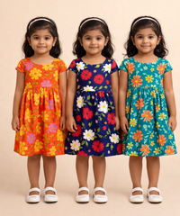 Girl Kids Frock 100% Cotton Floral Printed Gown Dress/Frock Dress | Age 1 to 8 Years (Pack of 3 Pieces)