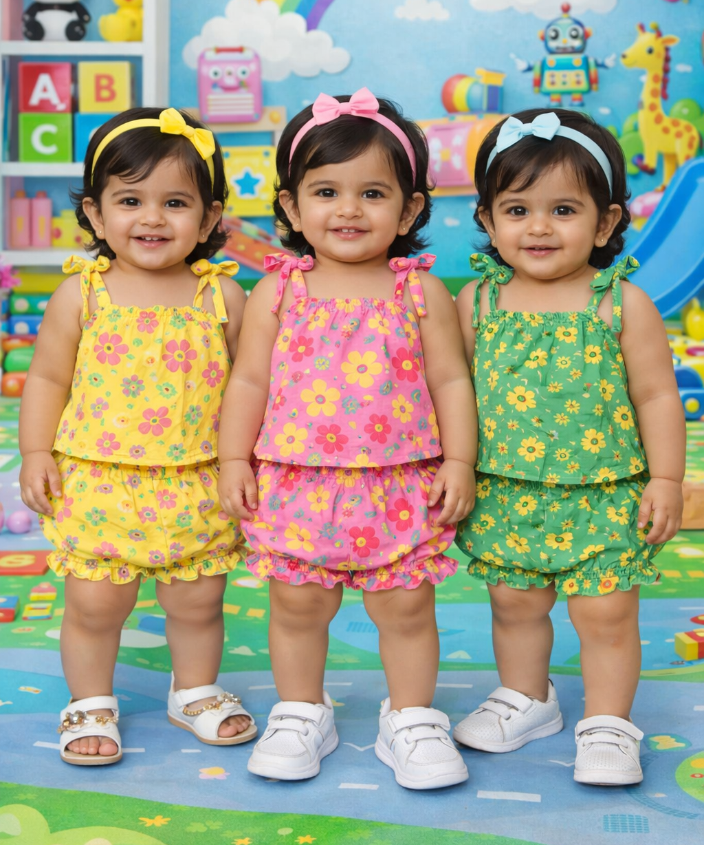 Boy & Girl Baby Printed Top Knot Dress | Top and Shorts Set | 100% Pure Cotton (Pack of 3 Sets Combo)