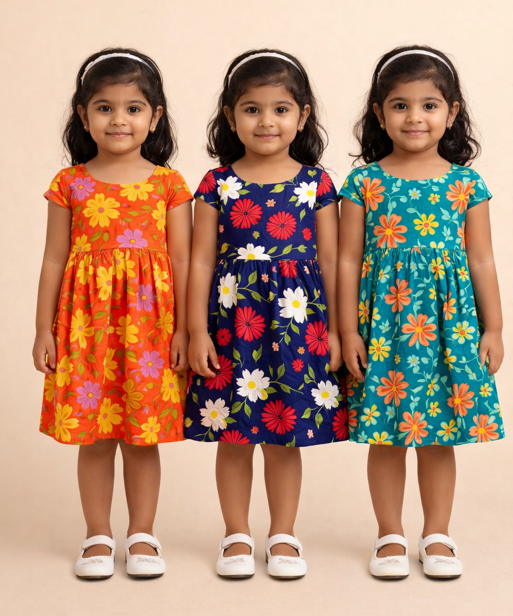 Girl Kids Frock 100% Cotton Floral Printed Gown Dress/Frock Dress | Age 1 to 8 Years (Pack of 3 Pieces)