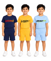 Kids Typography Print T-Shirt & Shorts Co-Ord Set for Boys | Age 6 Months-3 Years | Pack Of 3 Set Combo