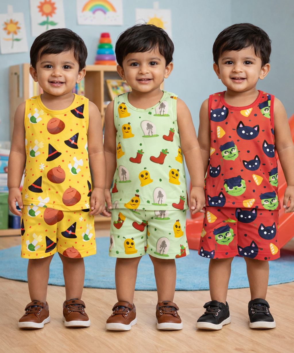 Boys Cotton Cartoon Printed Kids Sleeveless Set Combo | Age 0 to 3 Years | T-shirt & Shorts (Combo Set Pack of 3)