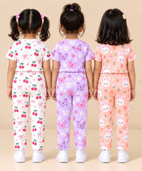 Girl Kids All Over Printed Tshirt and pant Co-ord Set | Age 6 Months to 4 Years (Pack of 3 Sets)