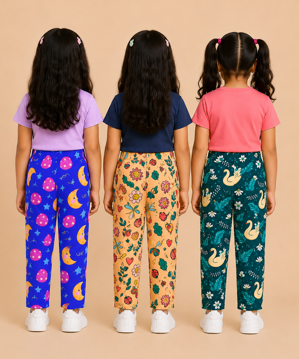 Pure Cotton Girls Printed Track Pant for Casual Night wear for Kids | Age 0 To 8 Years (Pack of 3)