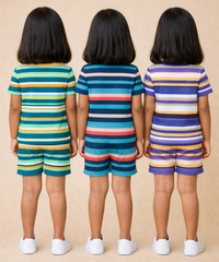 Girls Cotton Stripes Kids Co-ord Set Combo / Age 1-4 Years | T-shirt & Shorts (Combo Set Pack of 3)