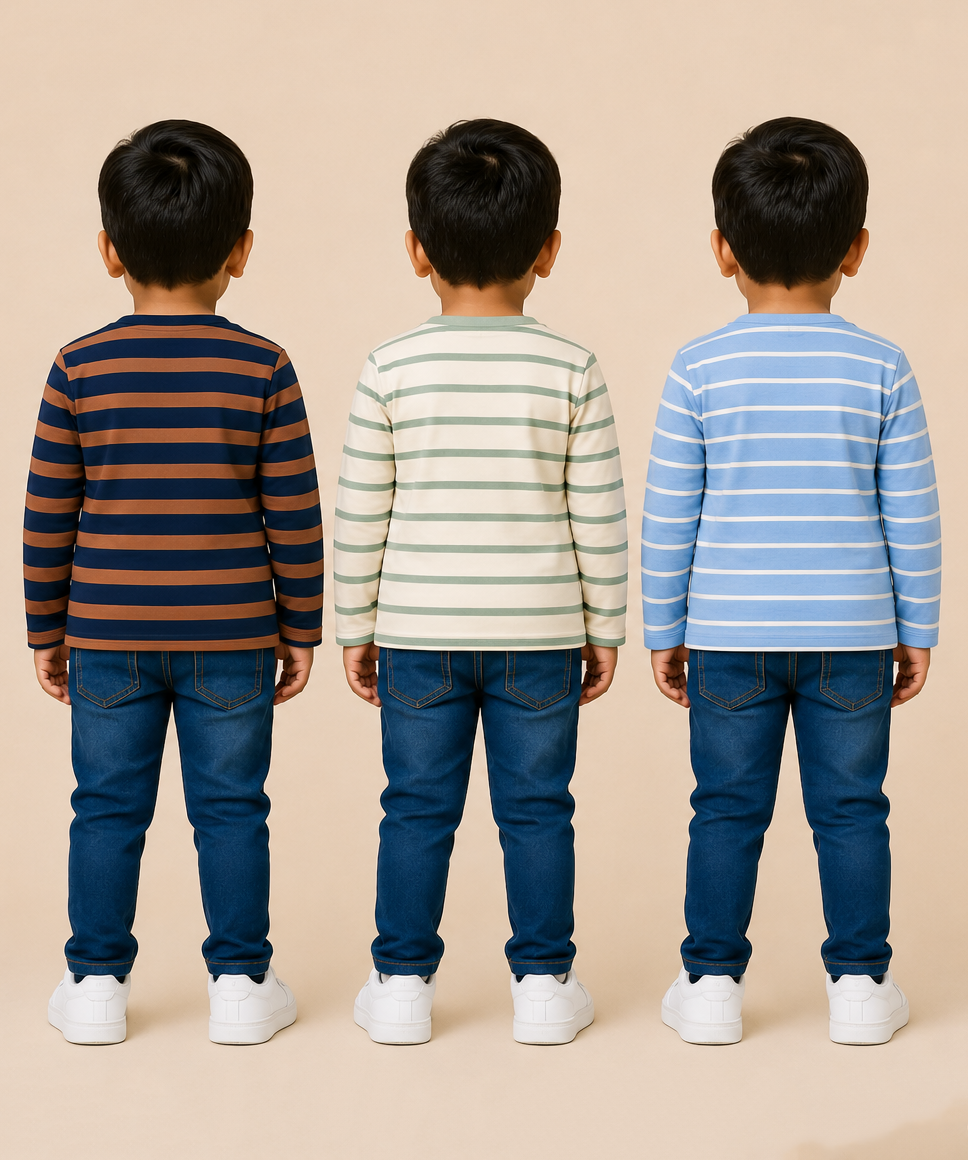 Kids Boys Cotton Stripes Full Sleeve T-shirt | Age 0-3 Years (Pack of 3)