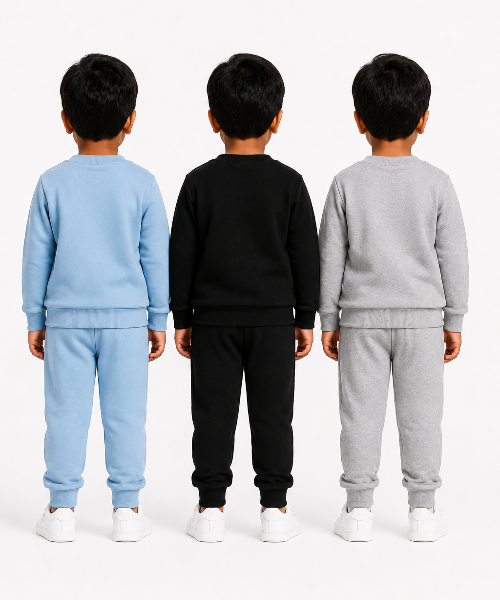 Boys Full Sleeve Cotton Winter Co-Ord Set | Typography Chest Printed Sweatshirt & Jogger Track Pant | Age 1 to 4 Years (Pack of 3 Sets)