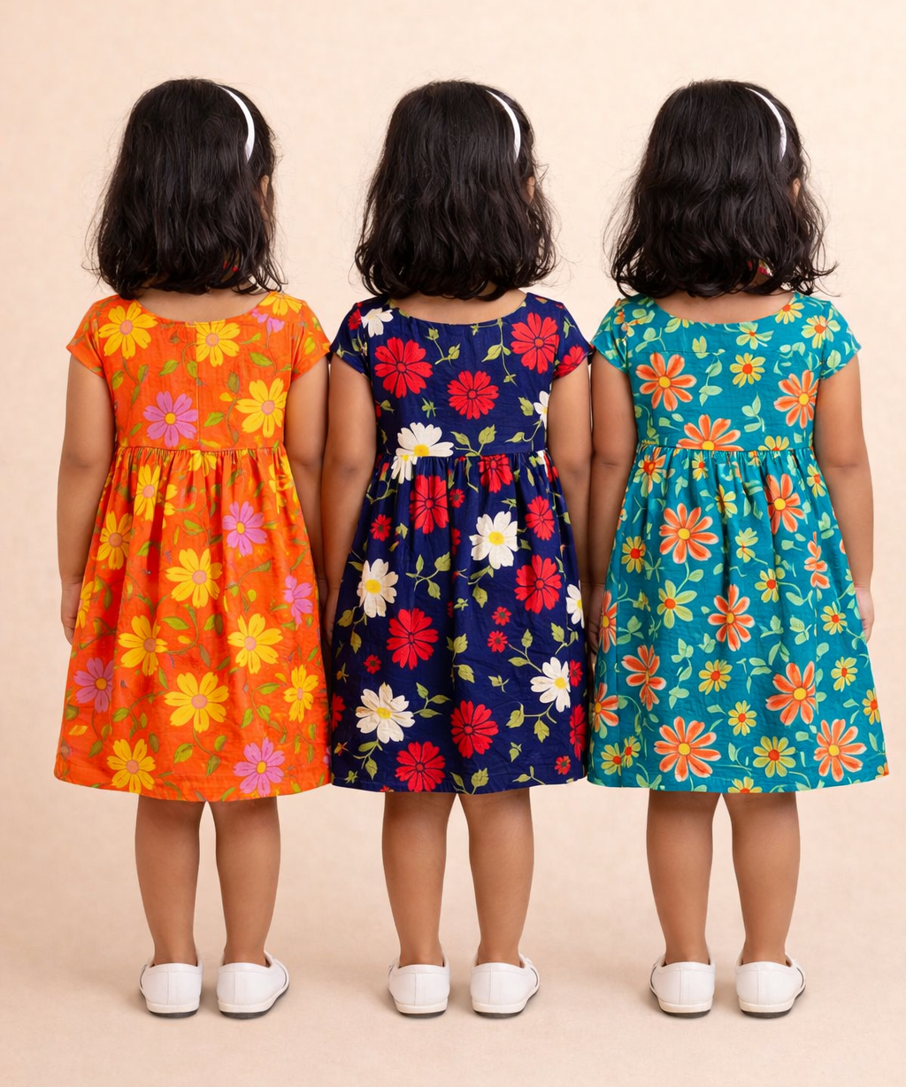 Girl Kids Frock 100% Cotton Floral Printed Gown Dress/Frock Dress | Age 1 to 8 Years (Pack of 3 Pieces)