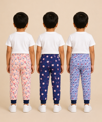 Kids Printed Cotton Track Pants for Boys | Soft Elastic Waist Full Length Joggers | Age 6 Months-5 Years | Pack of 3 Pieces