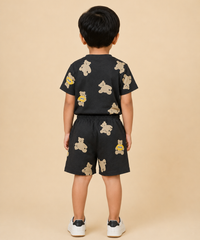 Polyester Teddy Bear Printed T-Shirt & Shorts Set for Baby Boys Casual Wear |  Black Co-Ord Set with Elastic Waist Shorts for Kids | Age 1 to 10 Years
