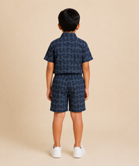 Polyester Geometric Jacquard Texture Shirt and Shorts Set for Boy Kids Casual Wear Half Sleeve Co-Ord Set with Elastic Waist Shorts | Age 6 to 7 Years
