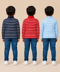 Kids Boys Full Sleeve Hi-Neck Stripes Rib T-shirt | Age 9 to 24 Months | Pack of 3 Pieces