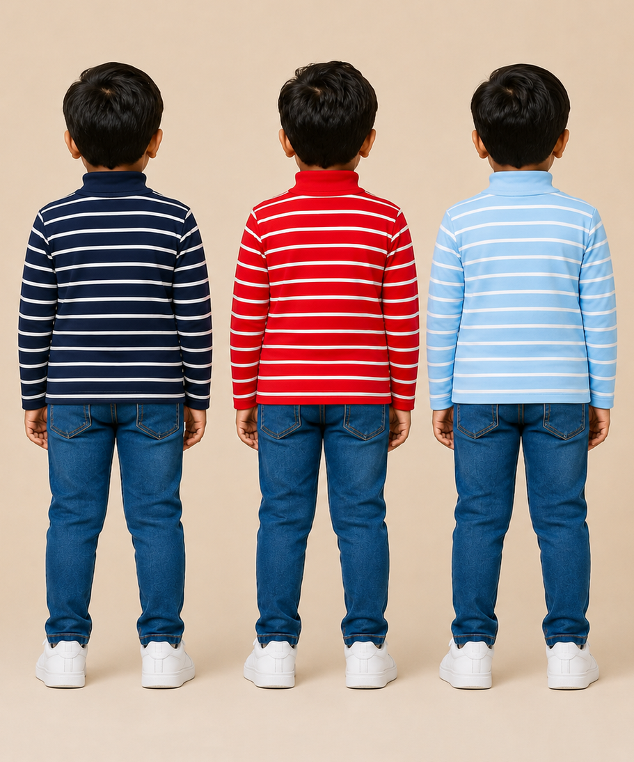 Kids Boys Full Sleeve Hi-Neck Stripes Rib T-shirt | Age 9 to 24 Months | Pack of 3 Pieces
