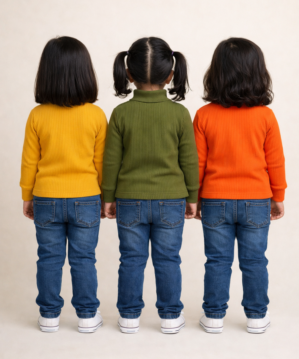 Kids Girls Full Sleeve Hi-Neck Plain Rib T-shirt | Age 0 to 5 Years (Pack of 3)