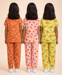 Girl Kids All Over Printed Co-ord Set | Tshirt and Pant | Age 2 to 10 Years (Pack of 3 Sets)