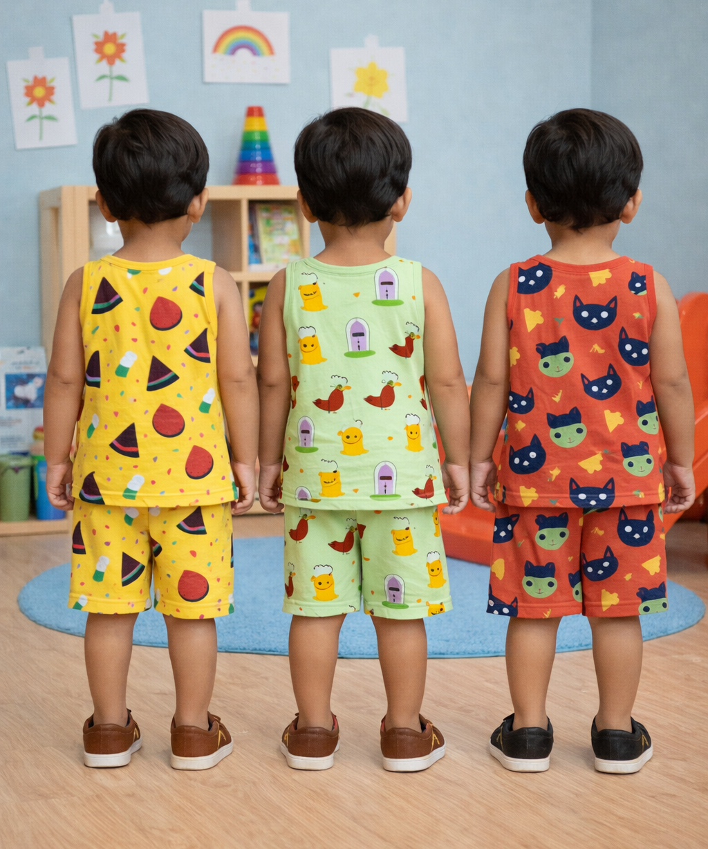 Boys Cotton Cartoon Printed Kids Sleeveless Set Combo | Age 0 to 3 Years | T-shirt & Shorts (Combo Set Pack of 3)
