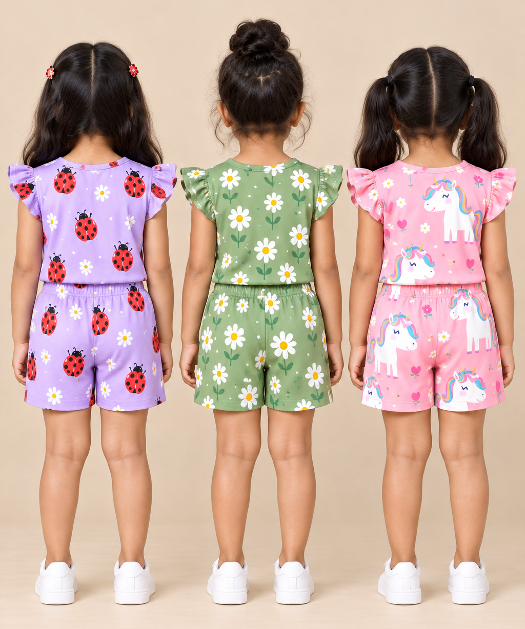 Girls All Over Printed | Flutter Sleeve Tshirt and Shorts Co-ord Set | Age 0 to 3 Years (Pack of 3 Sets)