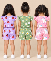 Girls All Over Printed | Flutter Sleeve Tshirt and Shorts Co-ord Set | Age 0 to 3 Years (Pack of 3 Sets)