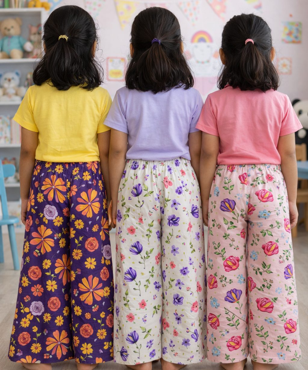 Printed Palazzo Pant | Casual Night wear for Girl Kids Age 4 To 10 Years (Pack of 3)