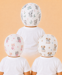 Baby Muslin Cotton Printed Bonnet Cap with Chin Tie – Soft & Comfortable Infant Headwear | 0–12 Months (Pack of 3)