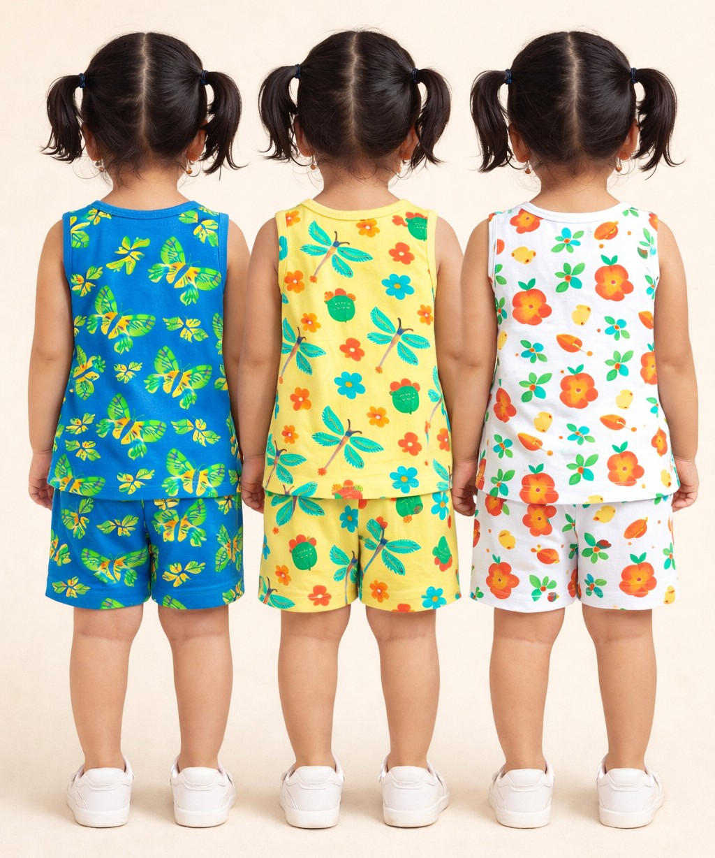 Girls Cotton Cartoon Printed Kids Sleeveless Set Combo | Age 0 to 3 Years | Sleeveless T-shirt & Shorts Co-ord Set (Pack of 3 Sets)
